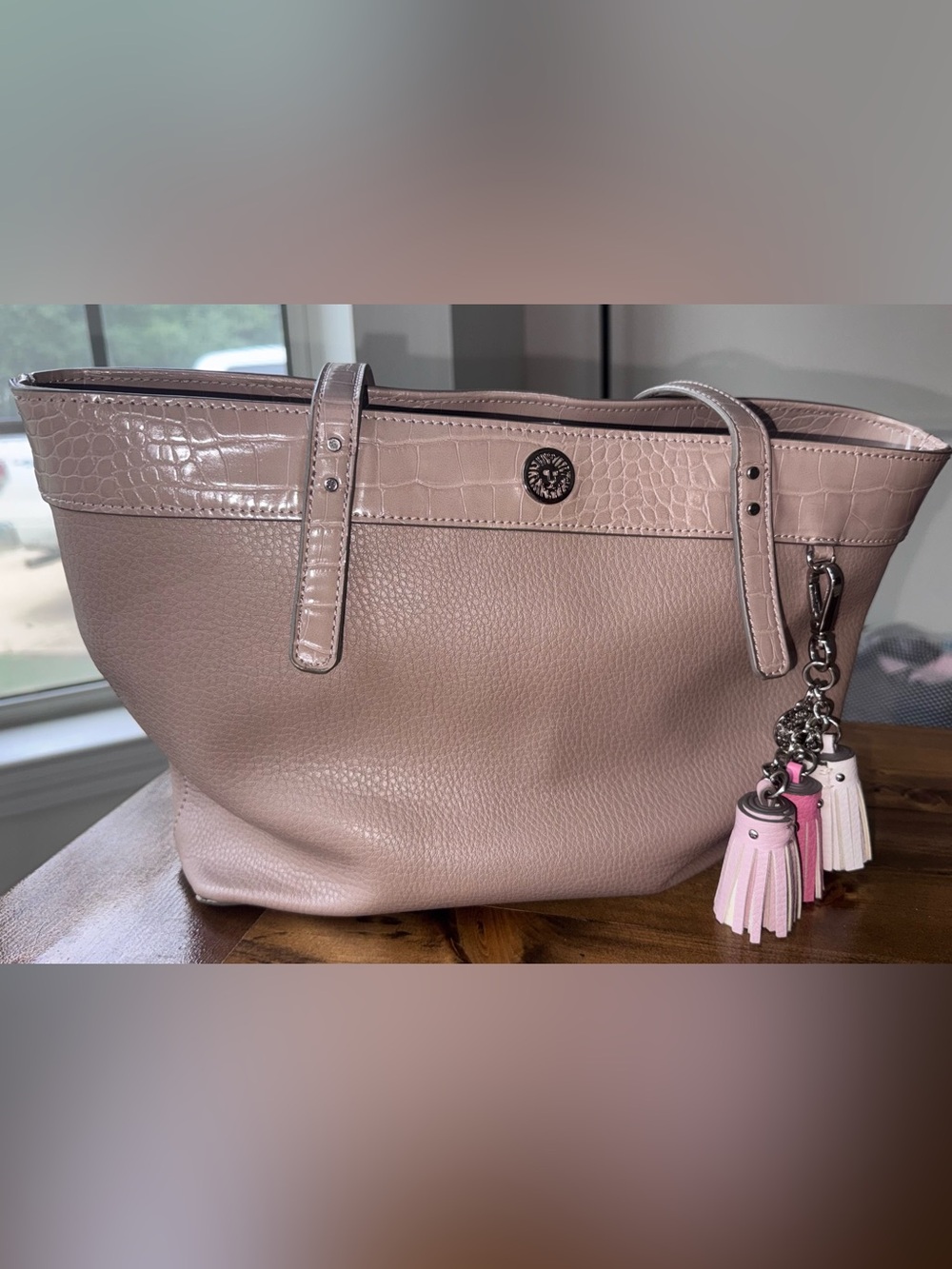 Anne Klein Blush Pink Croc Embossed Tote Bag w/ Tassel Charm